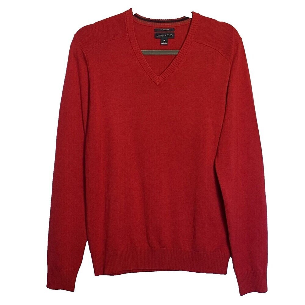 Lands End Sweater Men's Medium 38-40 100% Merino Wool Red V Neck Long Sleeve